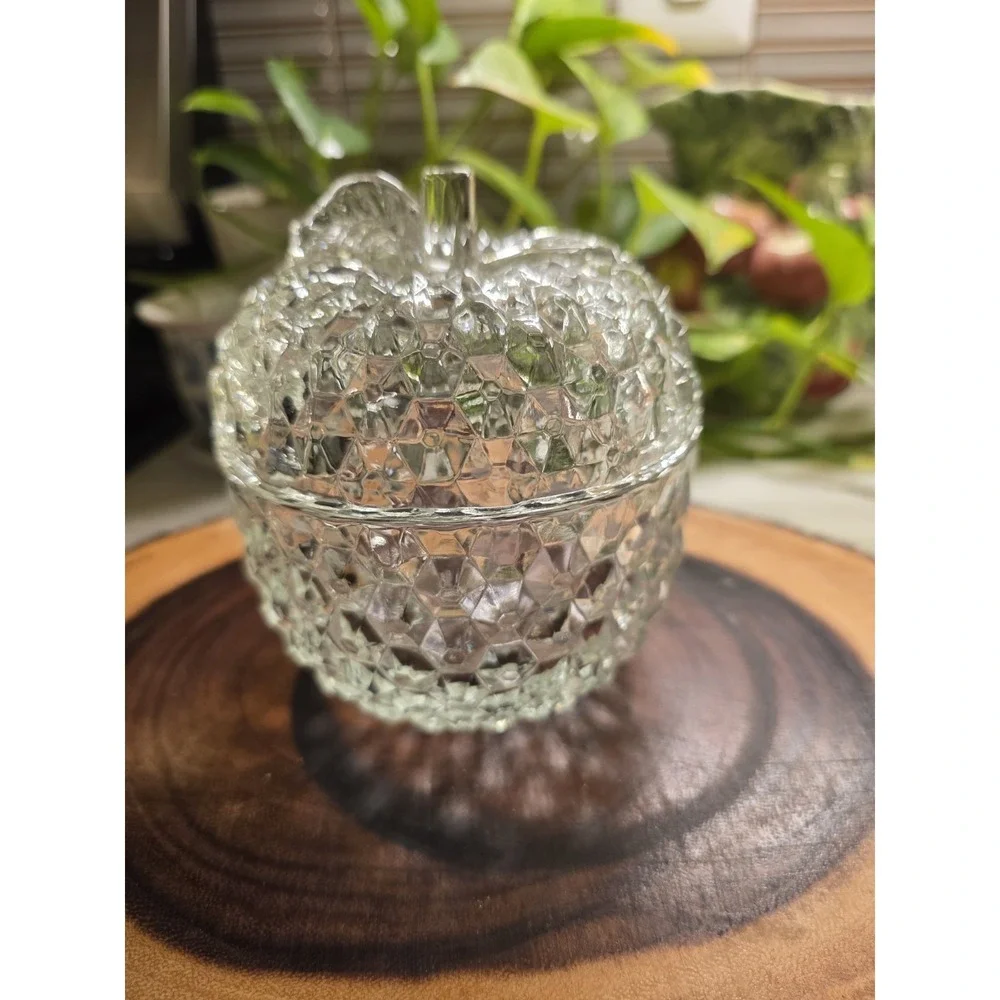 Vintage‎ Imperial Cut Faceted Glass Apple Candy Dish with Lid